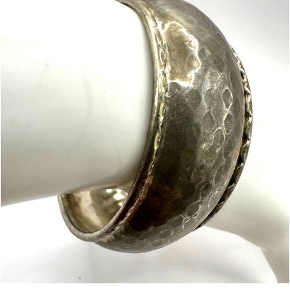 Silver tone hammered wide bangle bracelet - Picture 3 of 9